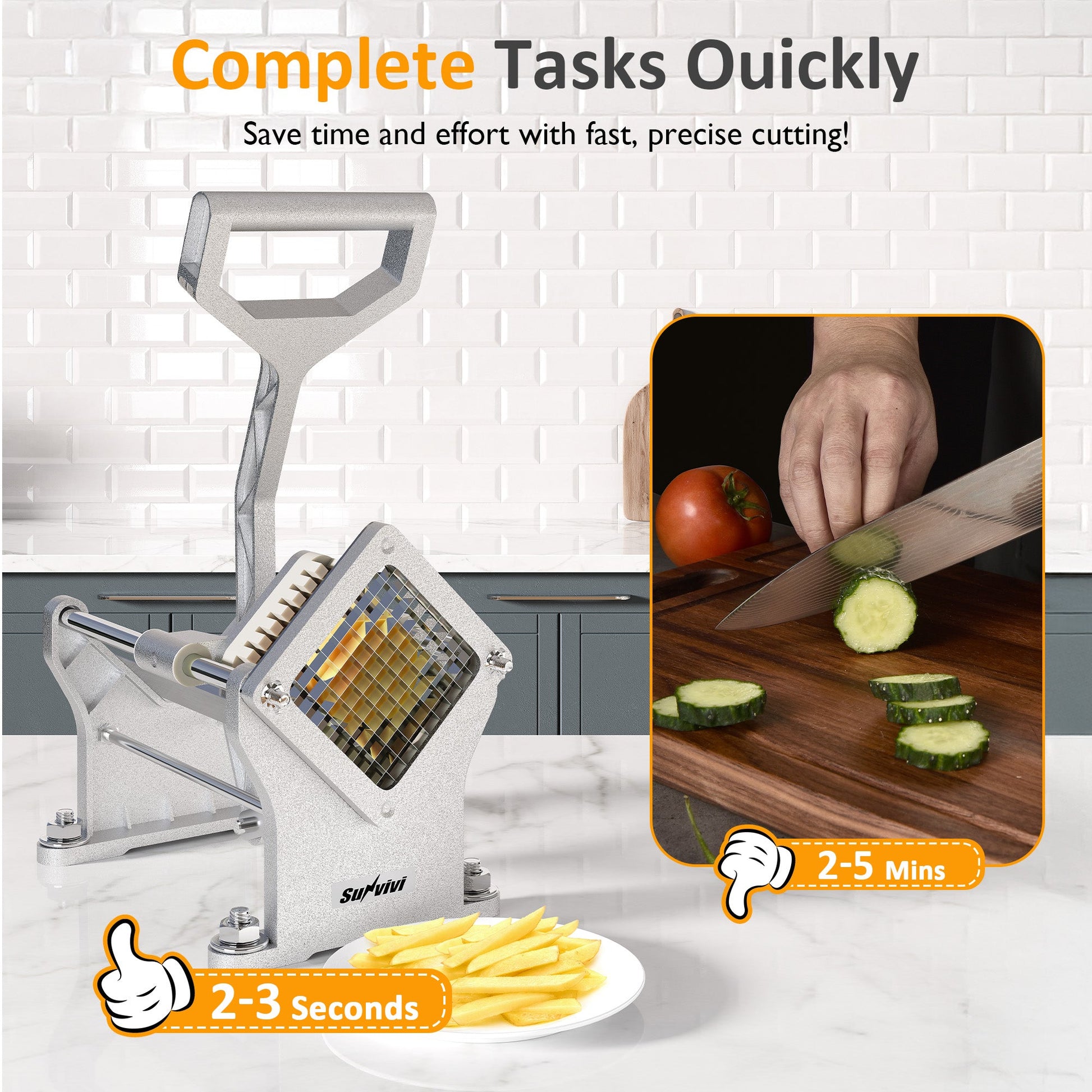 French Fry Cutter with 1/2 Inch and 3/8 Inch Blades 6-wedge Slicer Stainless Steel