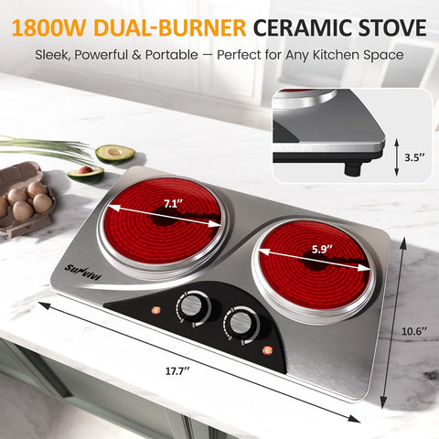Sunvivi 1800W Dual Burner Portable Electric Ceramic Stove ?¡ìC Knob Control