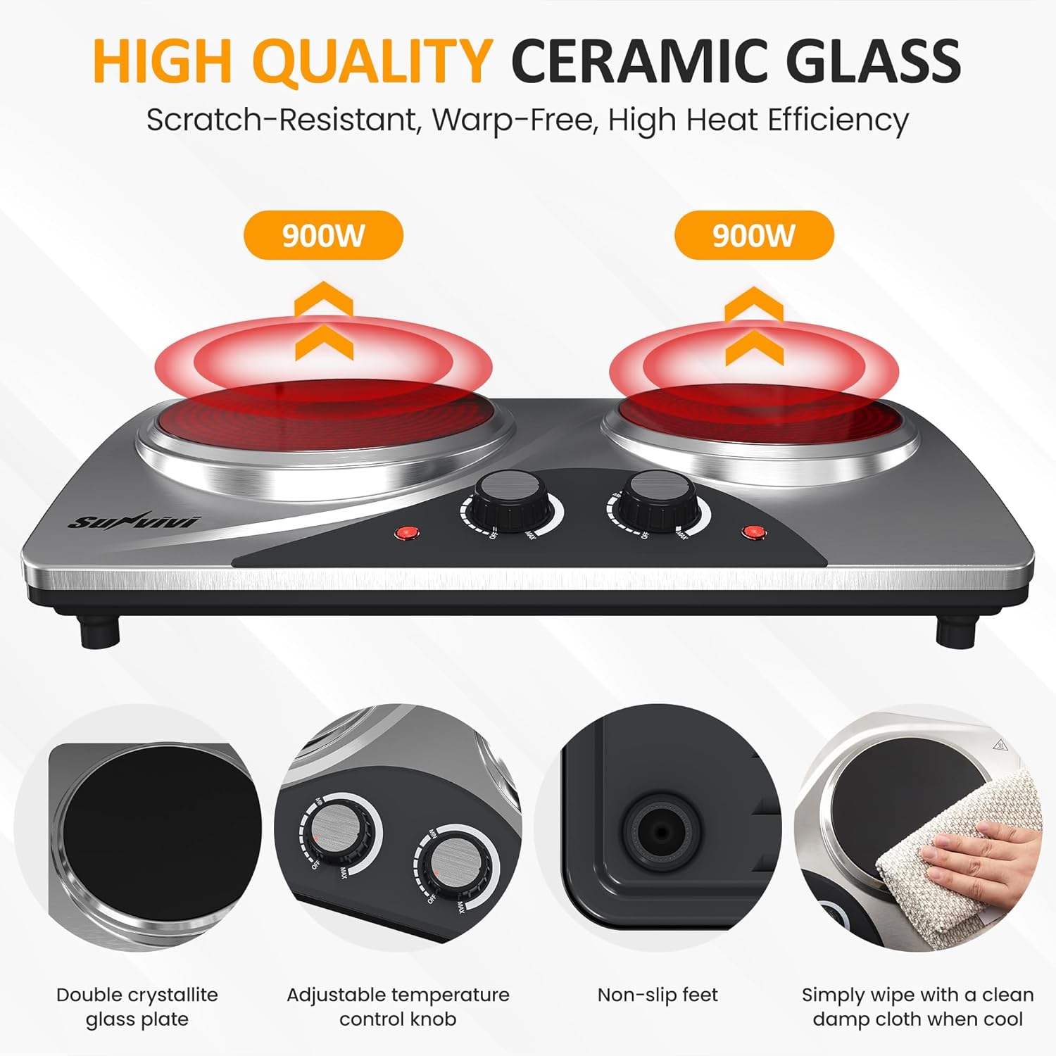 Sunvivi 1800W Dual Burner Portable Electric Ceramic Stove ¨C Knob Control