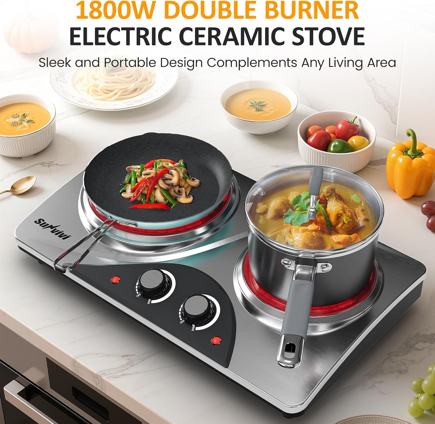 Sunvivi 1800W Dual Burner Portable Electric Ceramic Stove ¨C Knob Control