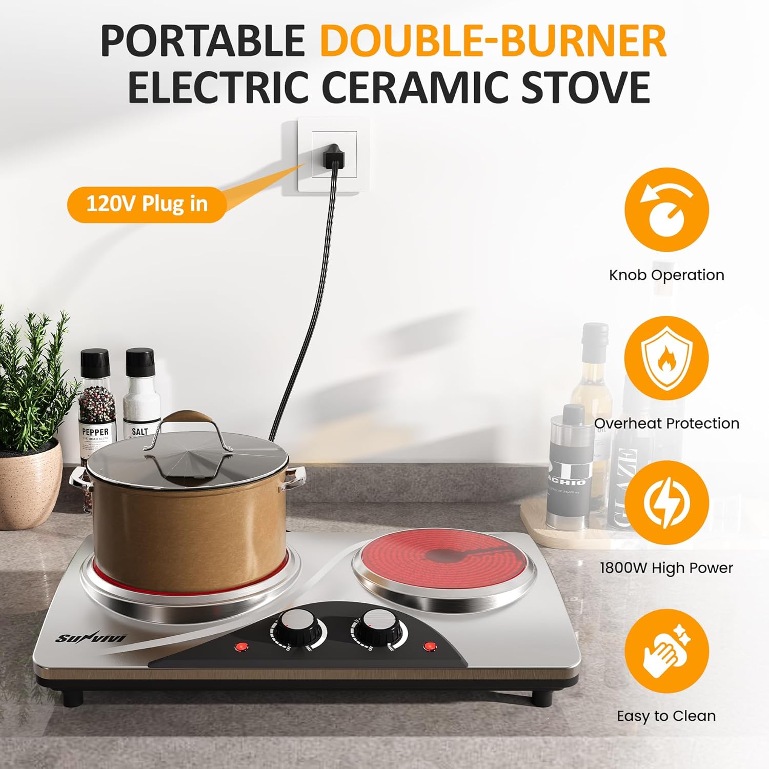 Sunvivi 1800W Dual Burner Portable Electric Ceramic Stove ¨C Knob Control
