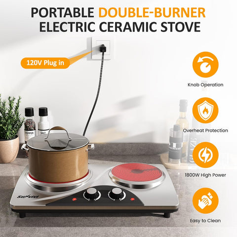 Sunvivi 1800W Dual Burner Portable Electric Ceramic Stove ?¡ìC Knob Control