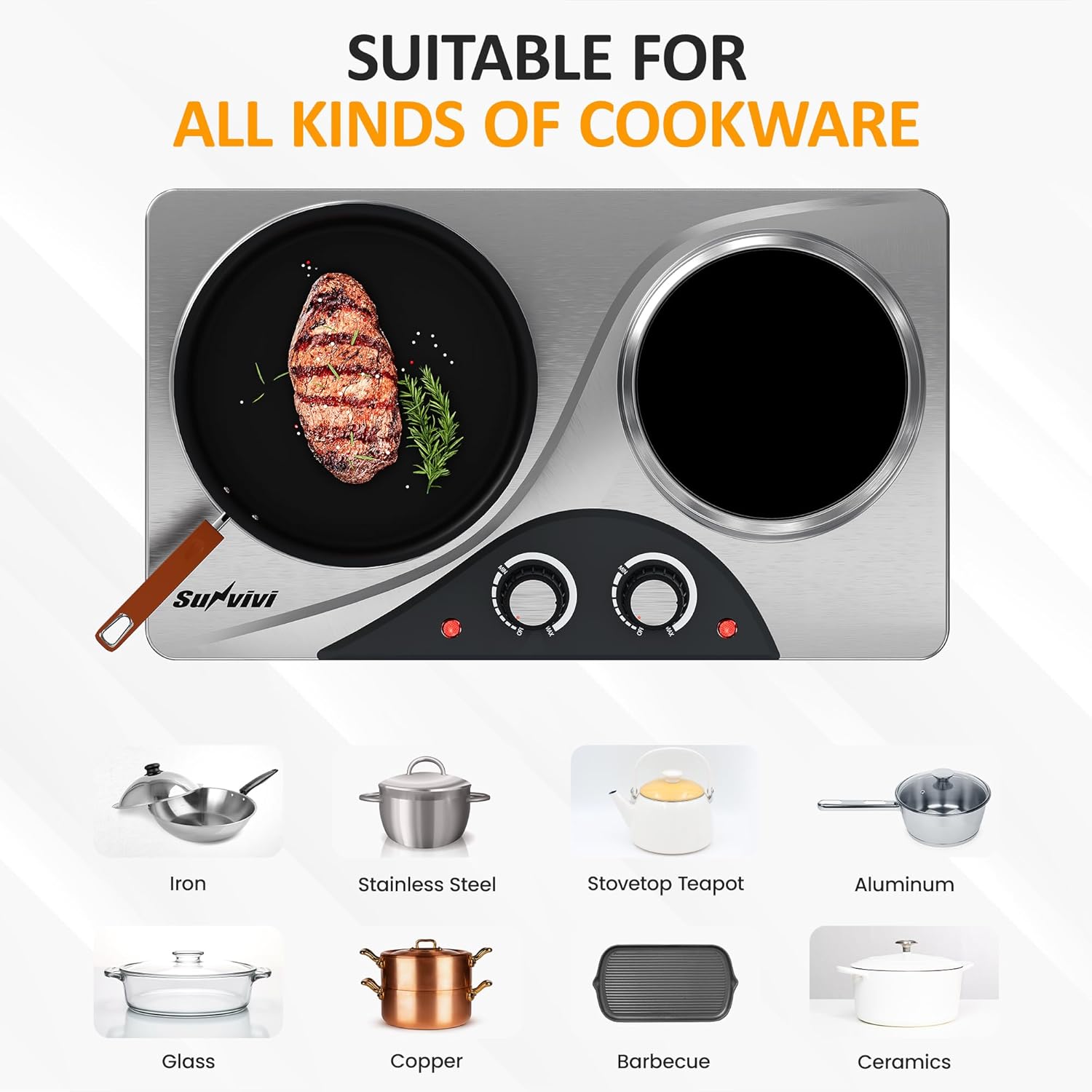 Sunvivi 1800W Dual Burner Portable Electric Ceramic Stove ¨C Knob Control