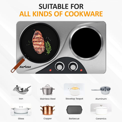 Sunvivi 1800W Dual Burner Portable Electric Ceramic Stove ?¡ìC Knob Control