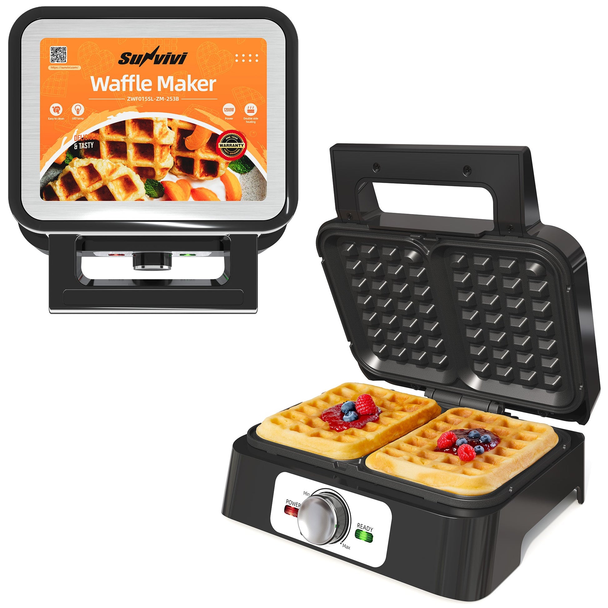 Sunvivi 2 Slices Waffle Maker: Electric Waffle Iron with Adjustable Temperature Control Nonstick Waffle Machine
