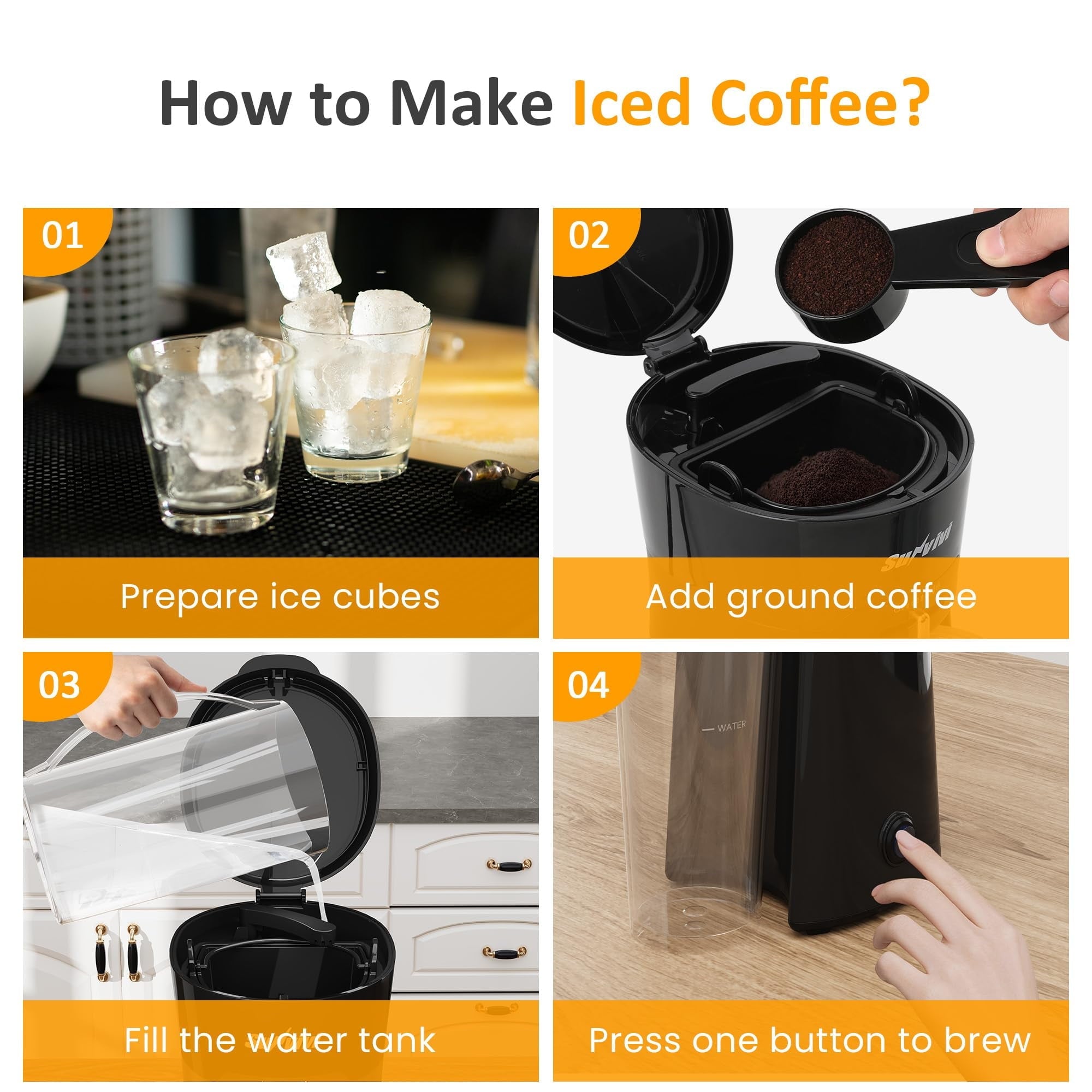 Sunvivi 20 oz Iced Tea Maker for Ground Coffee, Cold Brew Coffee Maker with Reusable Coffee Filter and Insulated Pitcher, Single Serve Machine for
