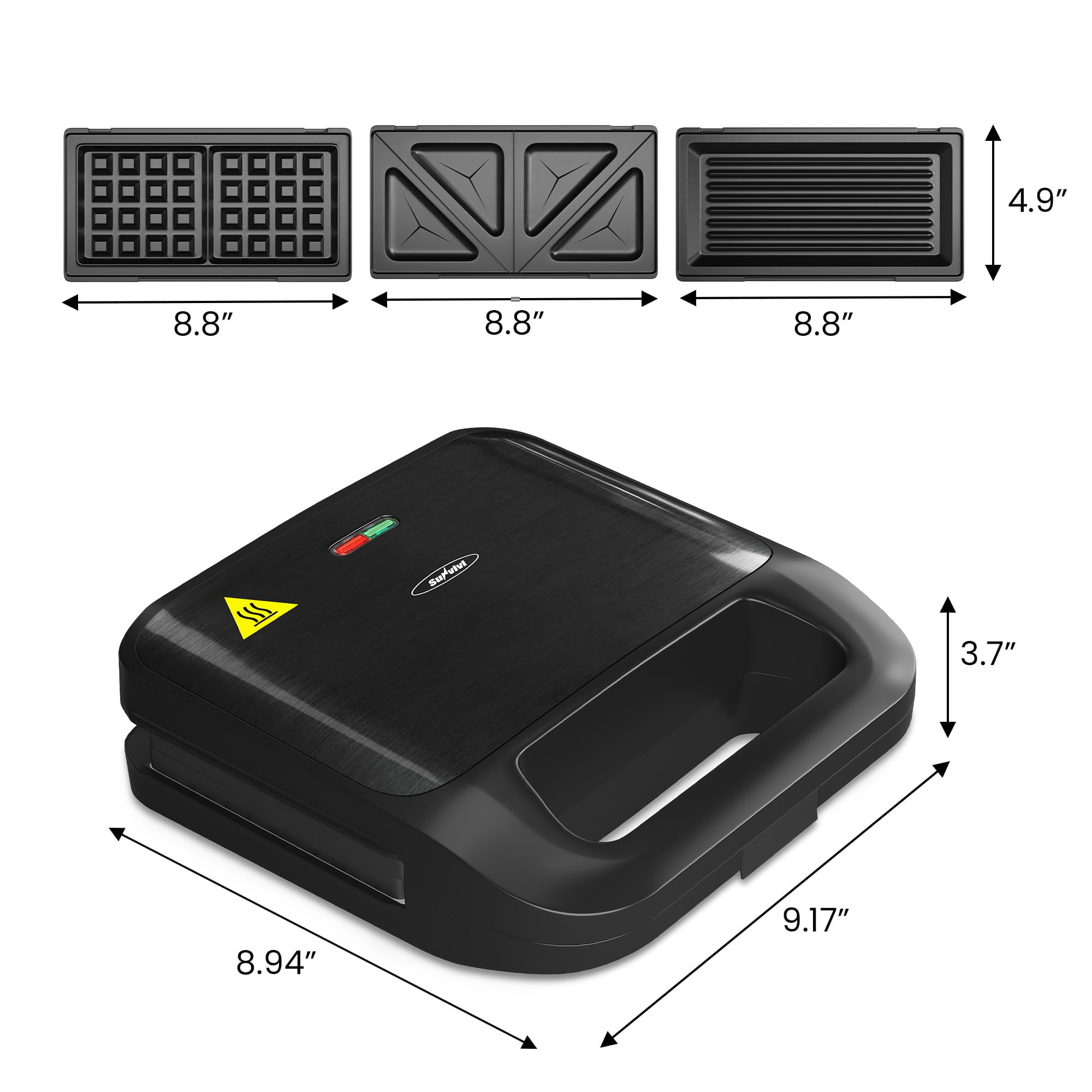 Sunvivi 3 in 1 Electric Sandwich Maker 750W Black - Electric Waffle Makers
