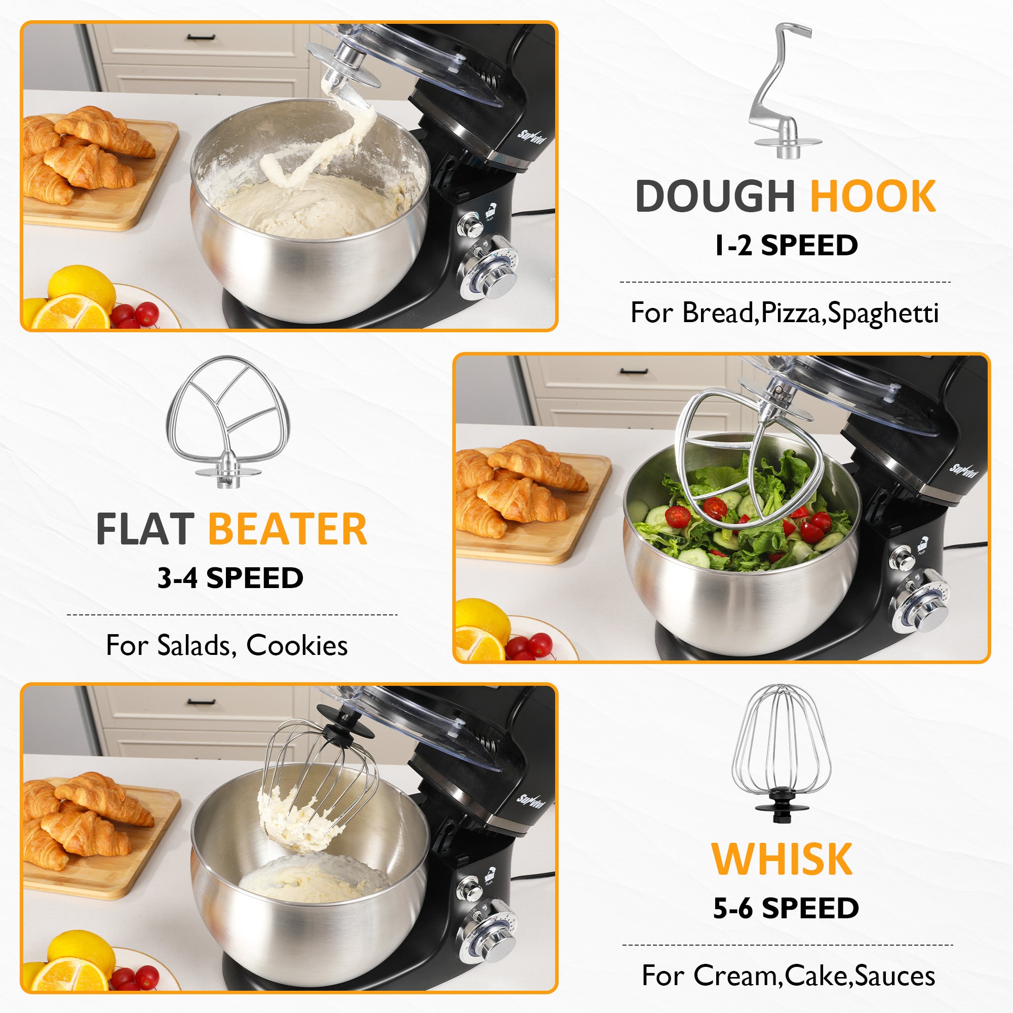 Sunvivi 3-in-1 Multifuctional Stand Mixer: 400W Kitchen Electric Mixer with 6 Speeds Tilt-Head 6.5QT Dough Mixer