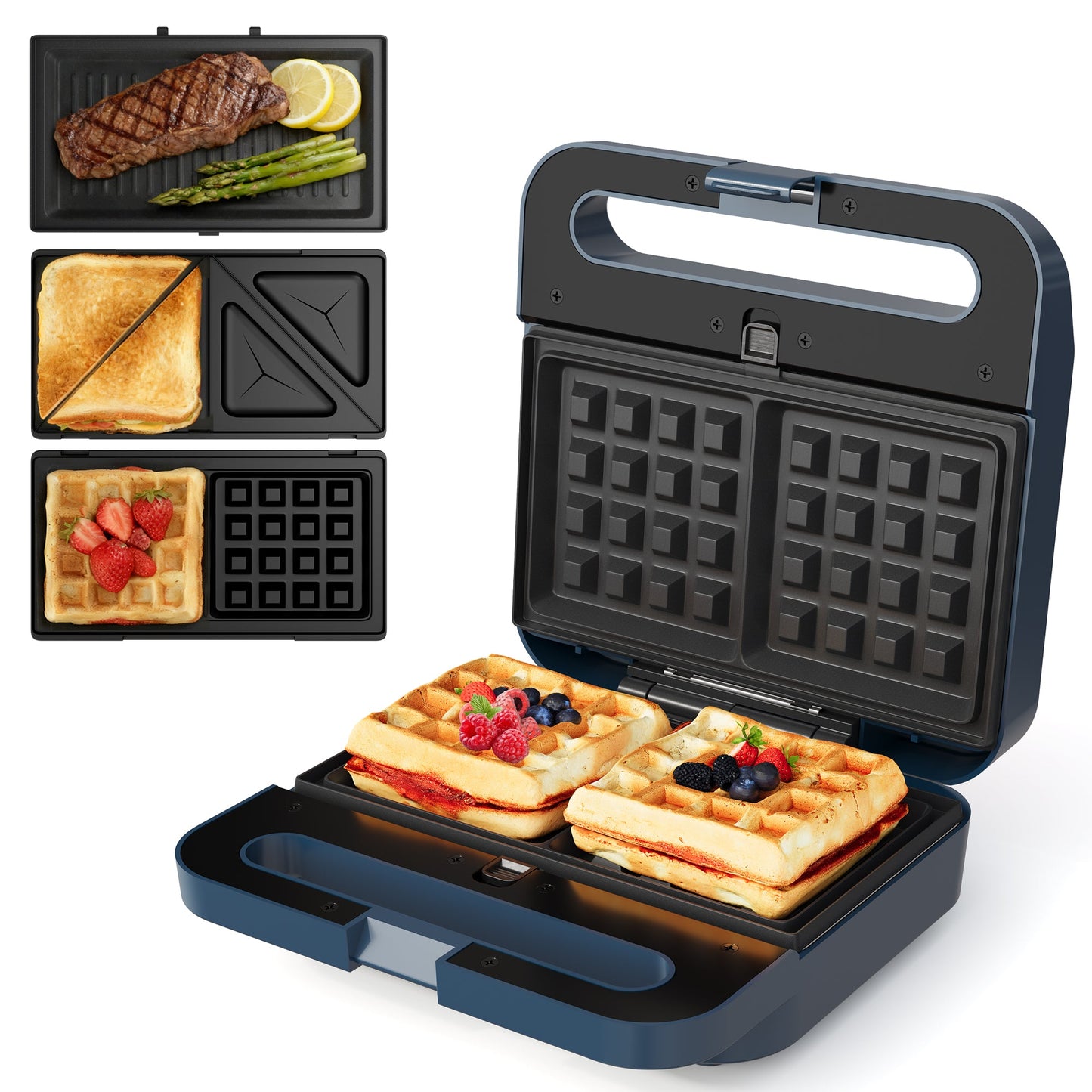 Sunvivi 3 in 1 Sandwich Maker Electric Waffle Maker with Removable Non-stick Plates 1000W Panini Press Grill with Glass