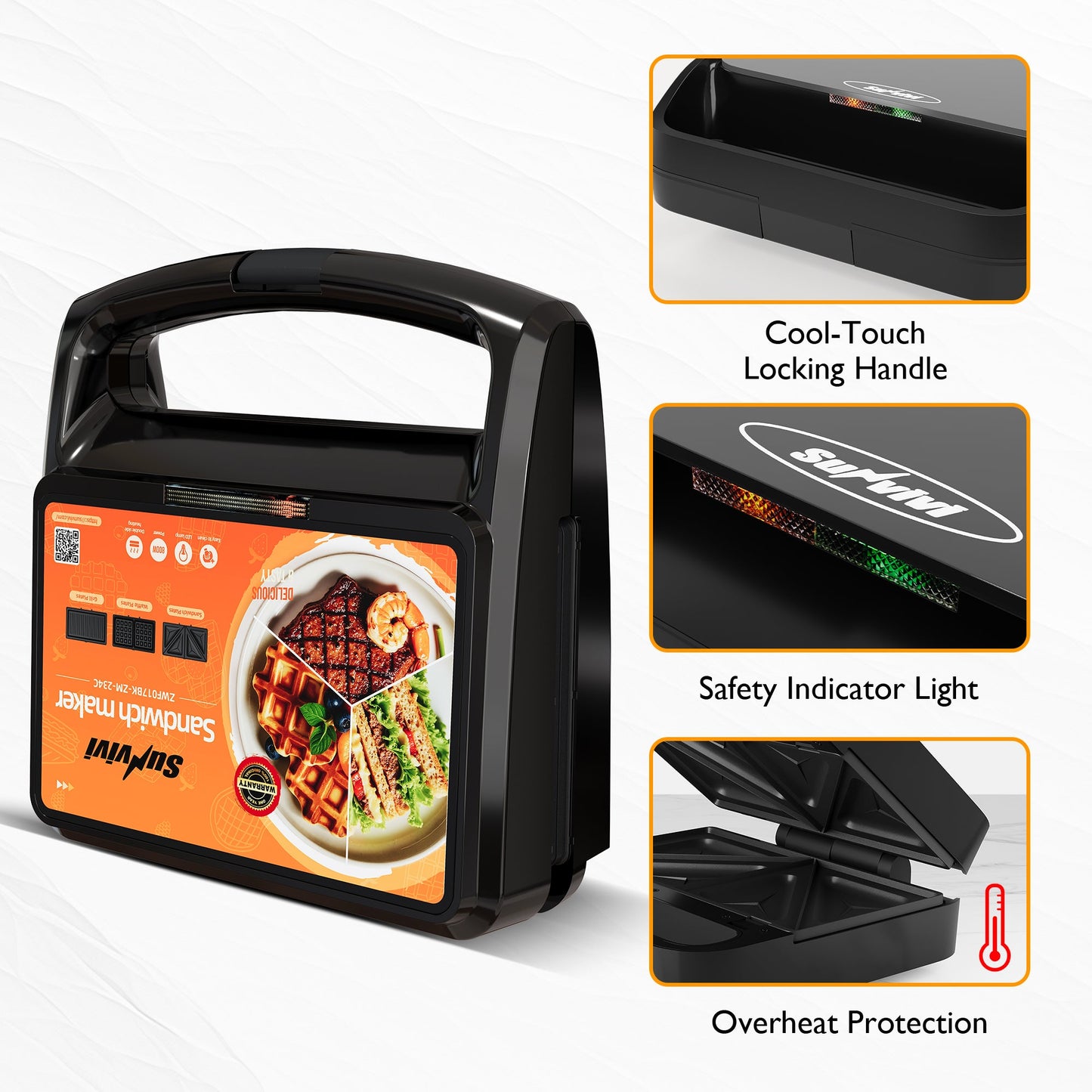 Sunvivi 3 in 1 Sandwich Maker Electric Waffle Maker with Removable Non-stick Plates 800W Panini Press Grill with Glass
