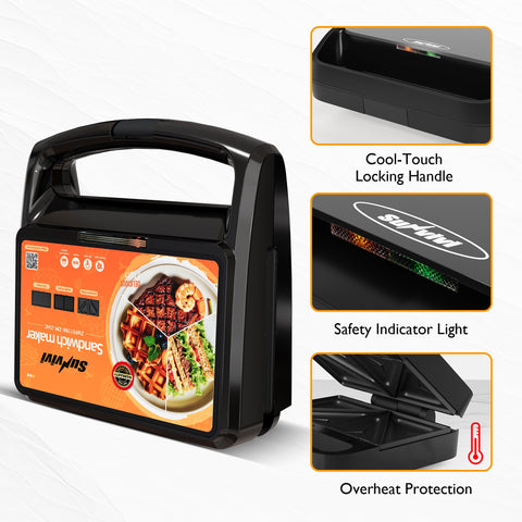 Sunvivi 3 in 1 Sandwich Maker Electric Waffle Maker with Removable Non-stick Plates 800W Panini Press Grill with Glass