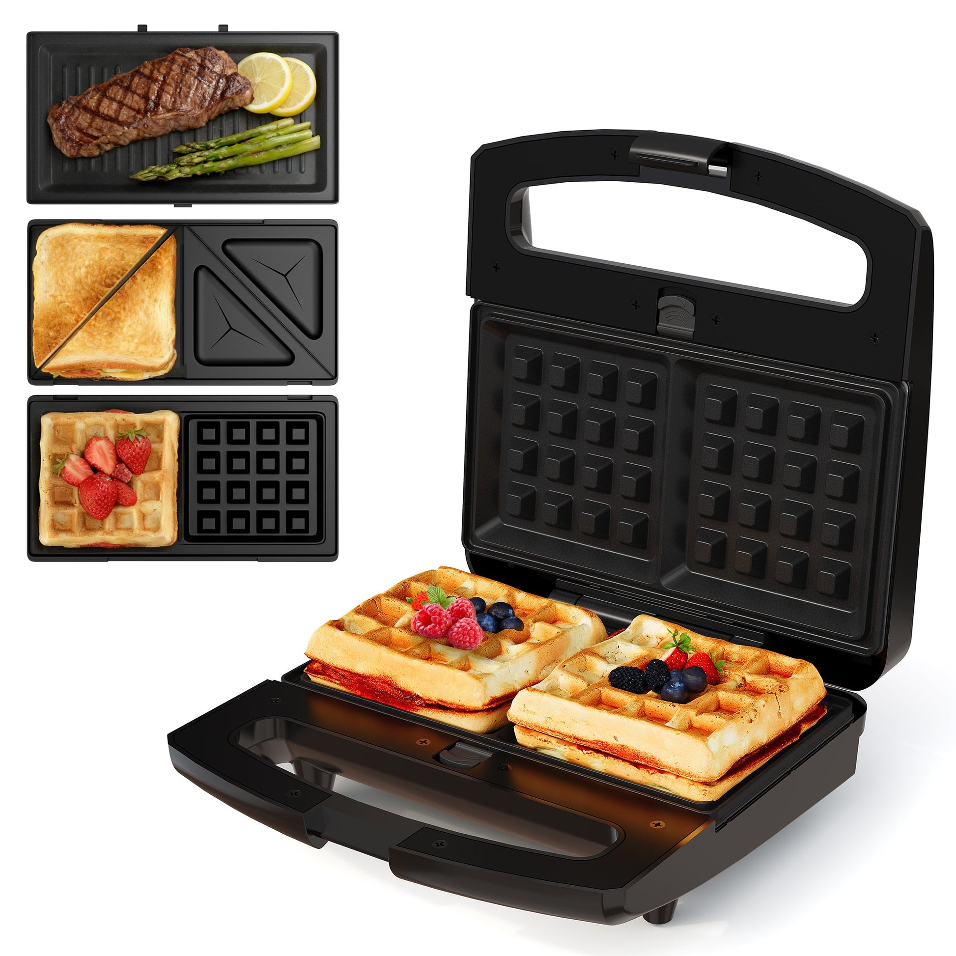 Sunvivi 3 in 1 Sandwich Maker Electric Waffle Maker with Removable Non-stick Plates 800W Panini Press Grill with Glass