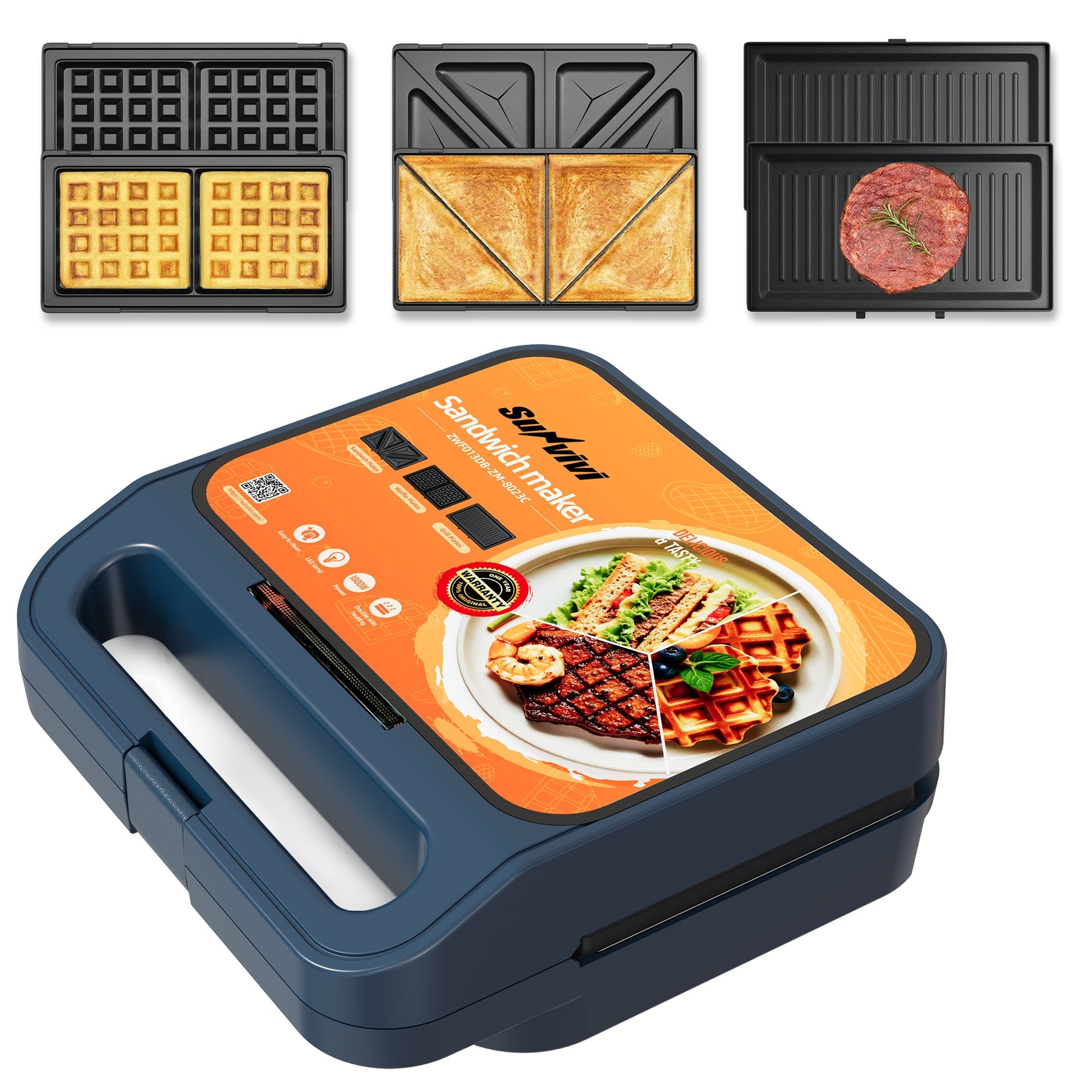 Sunvivi 3 in 1 Sandwich Maker Electric Waffle Maker with Removable Non-stick Plates 1000W Panini Press Grill with Glass
