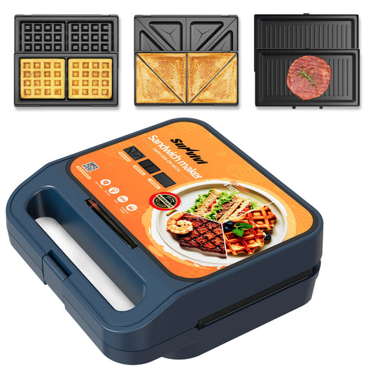 Sunvivi 3 in 1 Sandwich Maker Electric Waffle Maker with Removable Non-stick Plates 1000W Panini Press Grill with Glass