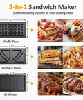 Sunvivi 3 in 1 Sandwich Maker Electric Waffle Maker with Removable Non-stick Plates 1000W Panini Press Grill with Glass