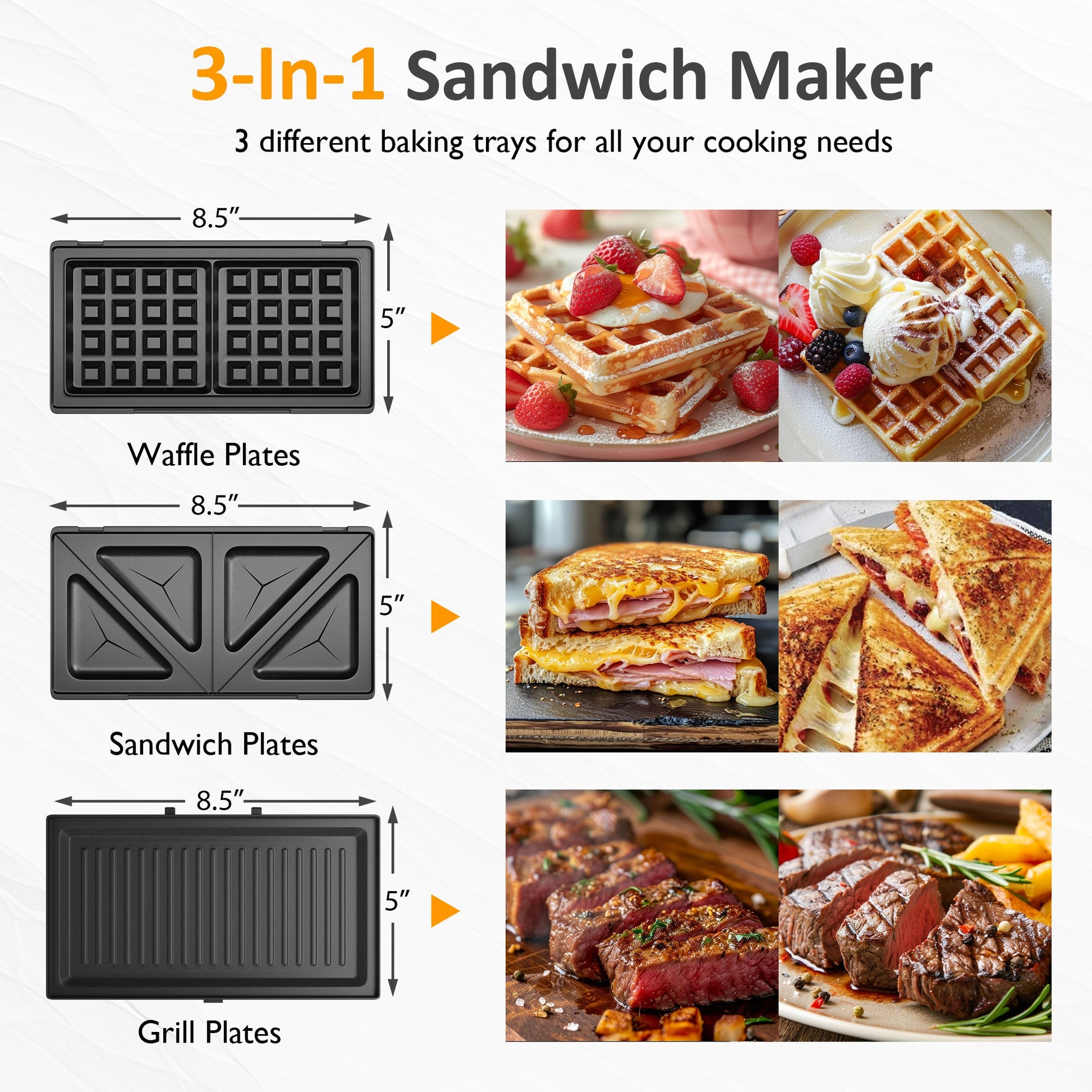 Sunvivi 3 in 1 Sandwich Maker Electric Waffle Maker with Removable Non-stick Plates 1000W Panini Press Grill with Glass
