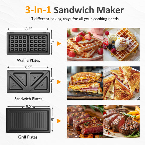 Sunvivi 3 in 1 Sandwich Maker Electric Waffle Maker with Removable Non-stick Plates 1000W Panini Press Grill with Glass