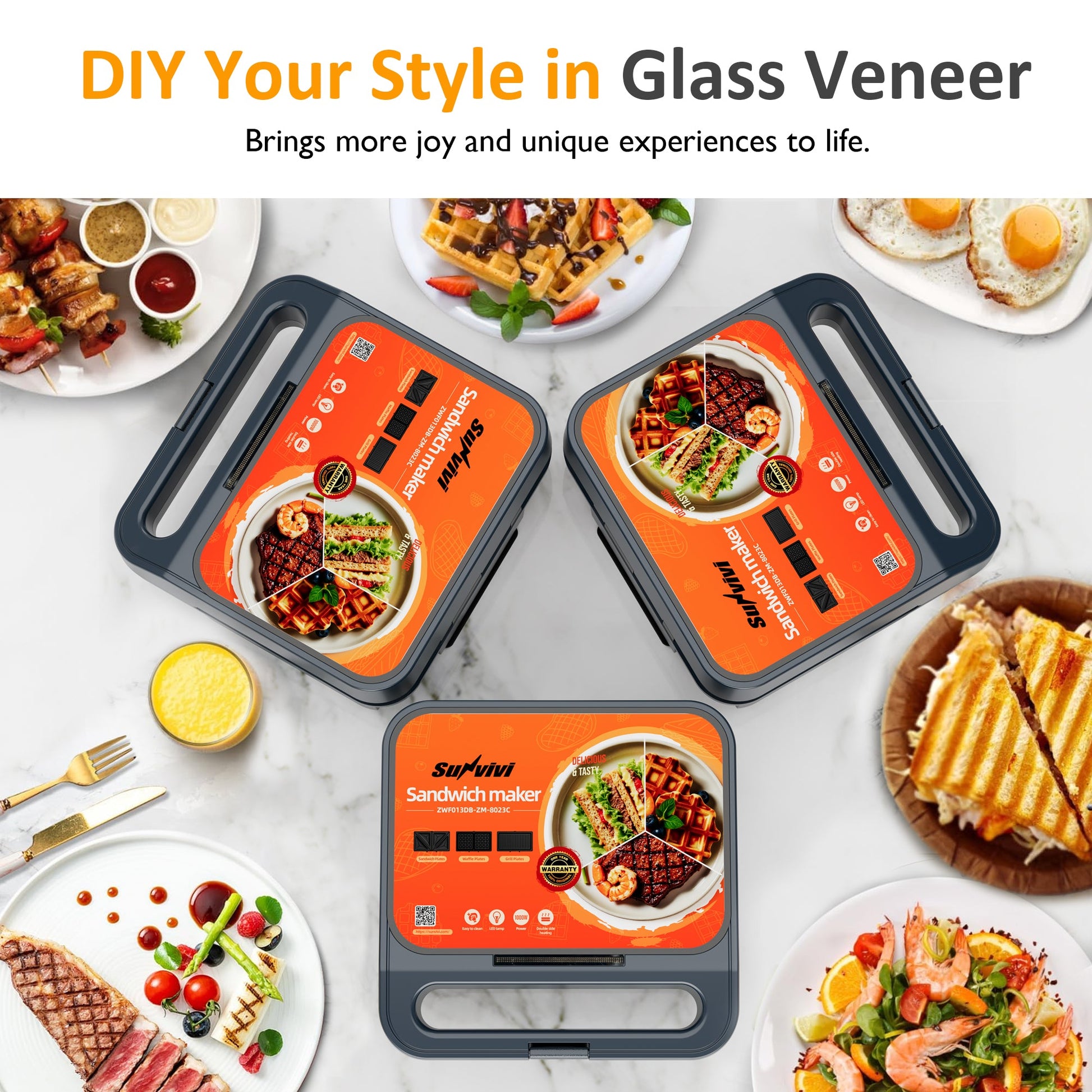 Sunvivi 3 in 1 Sandwich Maker Electric Waffle Maker with Removable Non-stick Plates 1000W Panini Press Grill with Glass