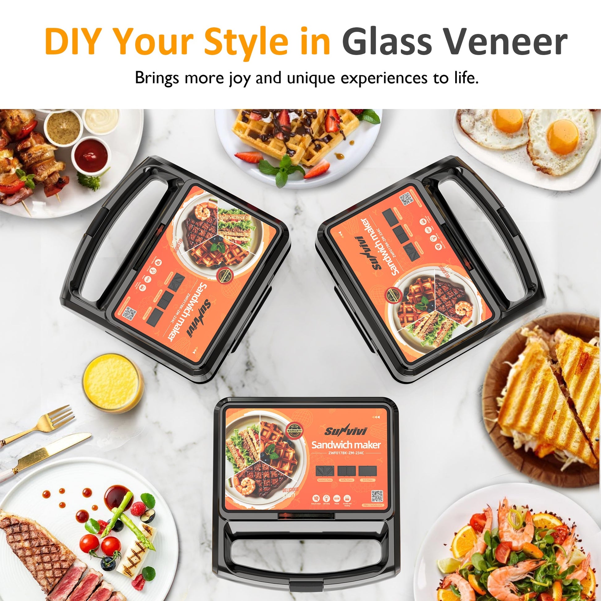 Sunvivi 3 in 1 Sandwich Maker Electric Waffle Maker with Removable Non-stick Plates 800W Panini Press Grill with Glass