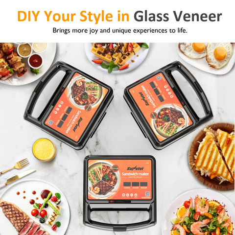 Sunvivi 3 in 1 Sandwich Maker Electric Waffle Maker with Removable Non-stick Plates 800W Panini Press Grill with Glass