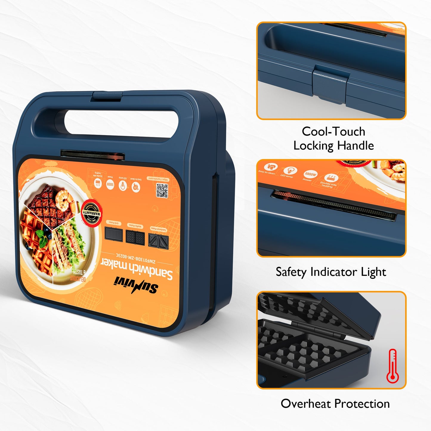 Sunvivi 3 in 1 Sandwich Maker Electric Waffle Maker with Removable Non-stick Plates 1000W Panini Press Grill with Glass