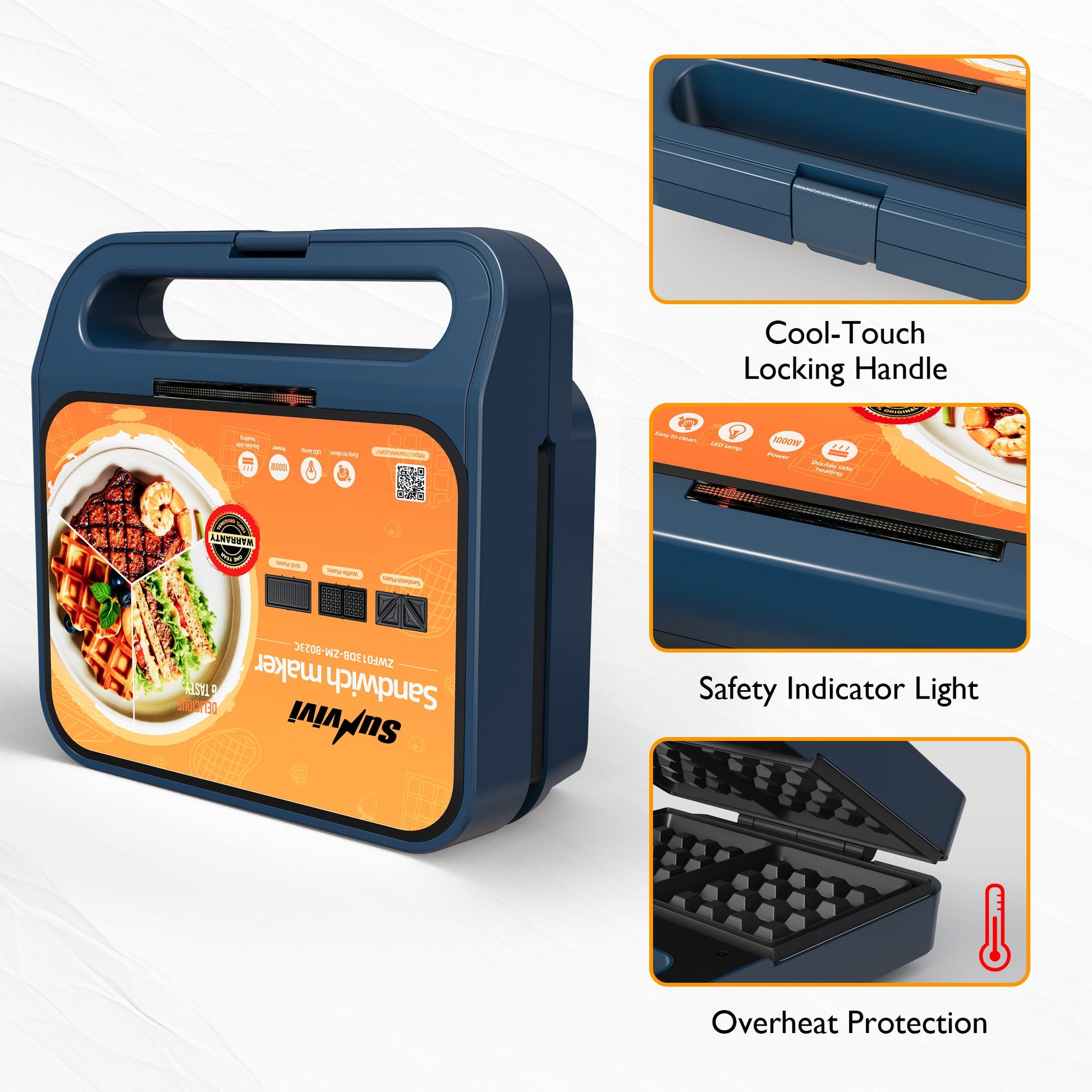 Sunvivi 3 in 1 Sandwich Maker Electric Waffle Maker with Removable Non-stick Plates 1000W Panini Press Grill with Glass