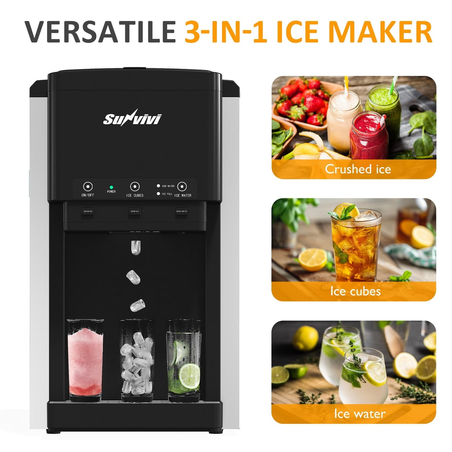 Sunvivi 3 in1 Water Dispenser with Ice Maker Ice Crushing & Ice Water Nugget Ice Maker Countertop 44lbs in24Hrs 12 Ice