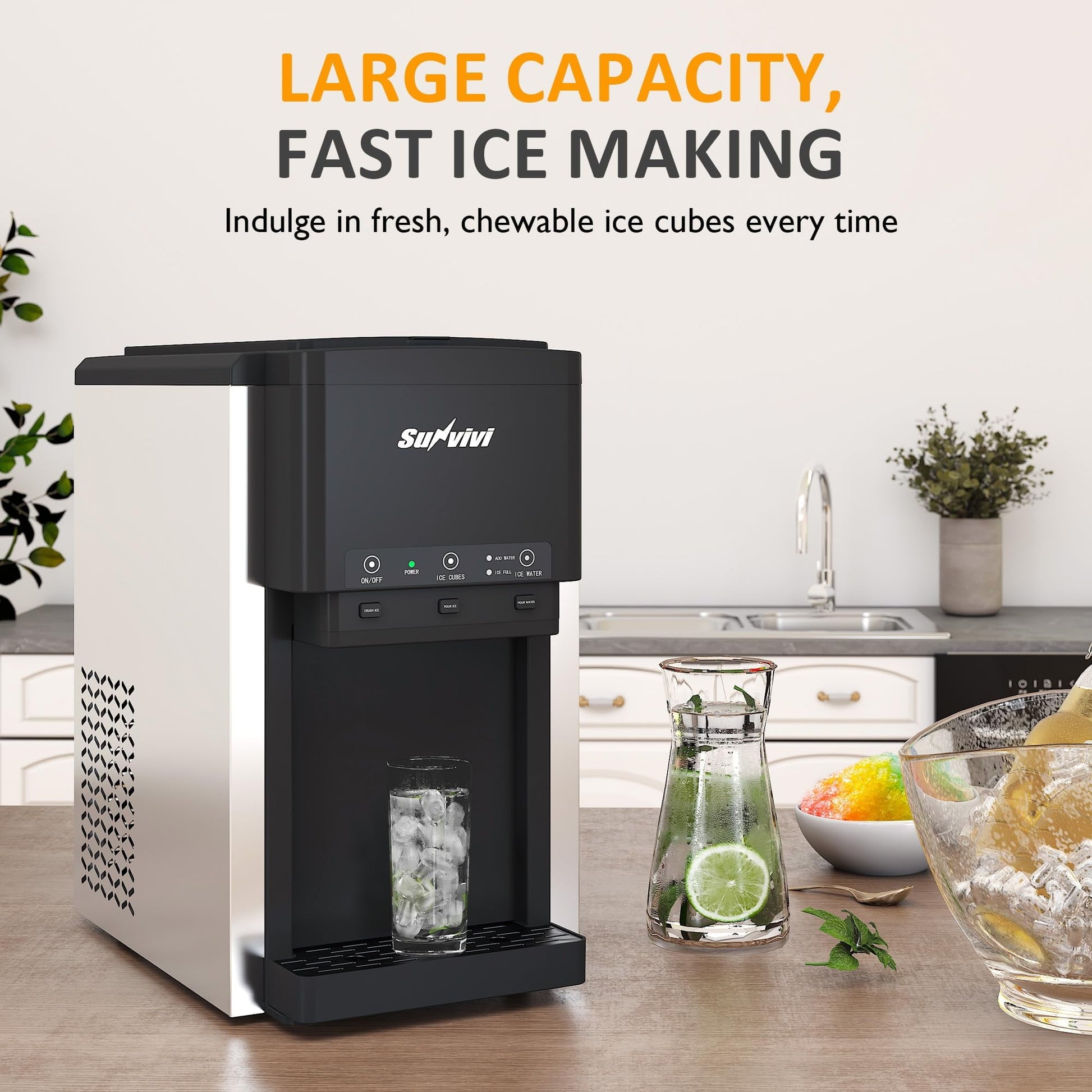 Sunvivi 3 in1 Water Dispenser with Ice Maker Ice Crushing & Ice Water Nugget Ice Maker Countertop 44lbs in24Hrs 12 Ice