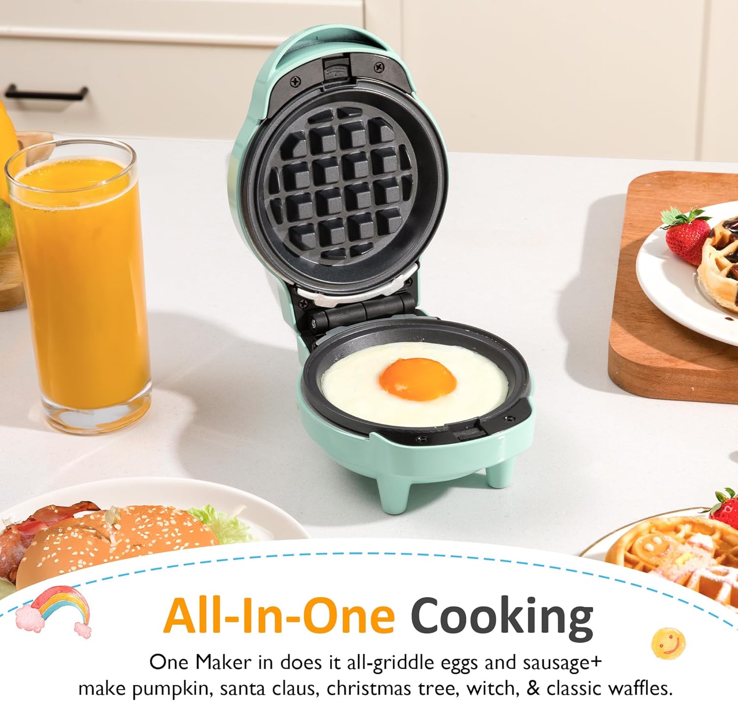 Sunvivi 4’’ Mini Waffle Maker: 6 in 1 Waffle Iron with 6PC Nonstick Removable Plates Set (Santa Claus Christmas Tree