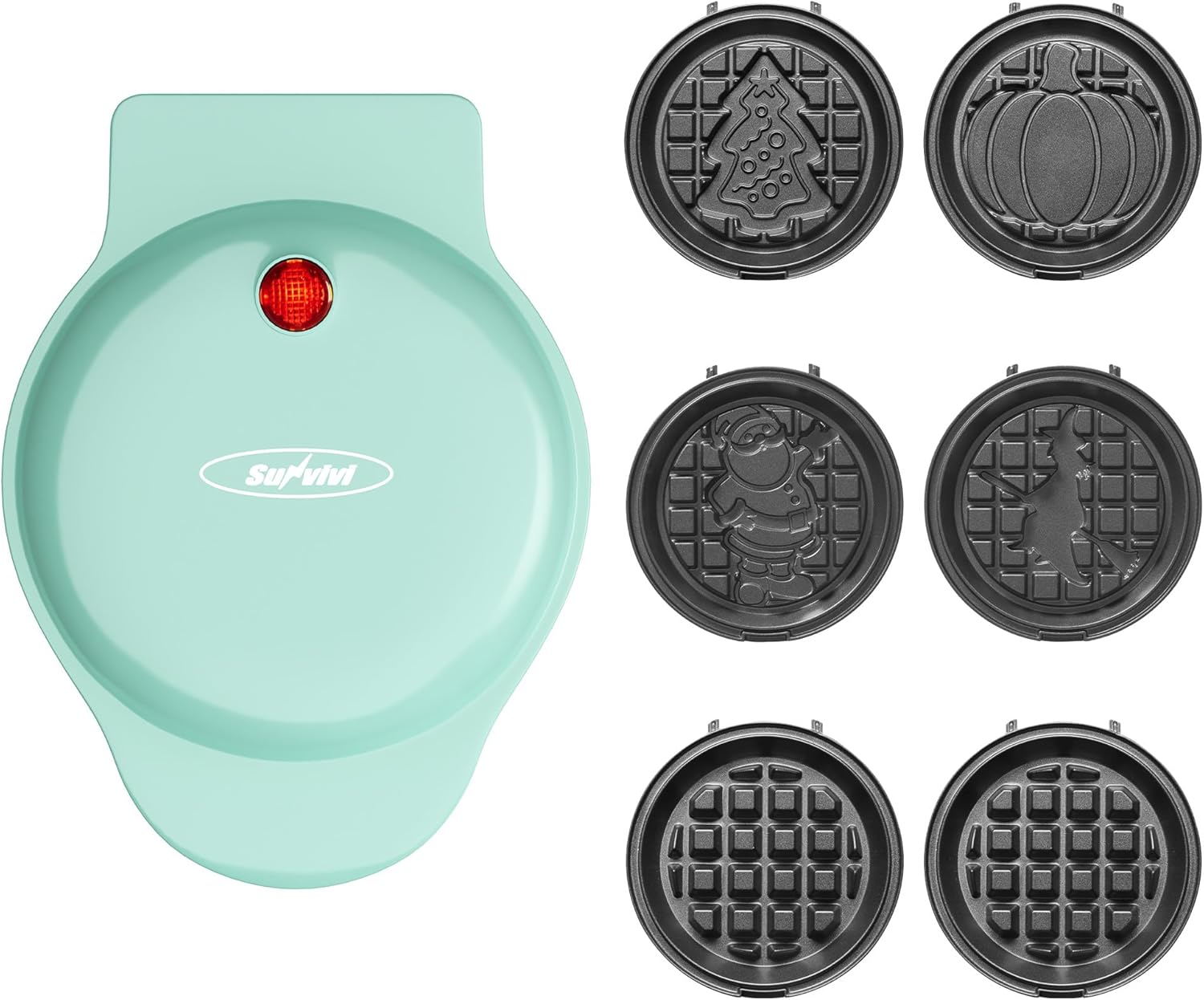 Sunvivi 4’’ Mini Waffle Maker: 6 in 1 Waffle Iron with 6PC Nonstick Removable Plates Set (Santa Claus Christmas Tree