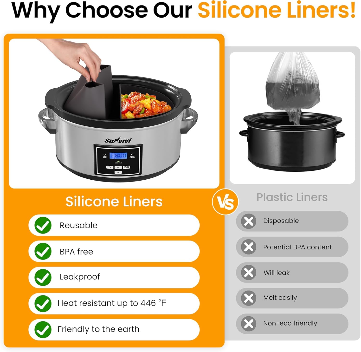Sunvivi 6 Quart Programmable Slow Cooker with 2 in 1 Silicone Liners - Slow Cookers