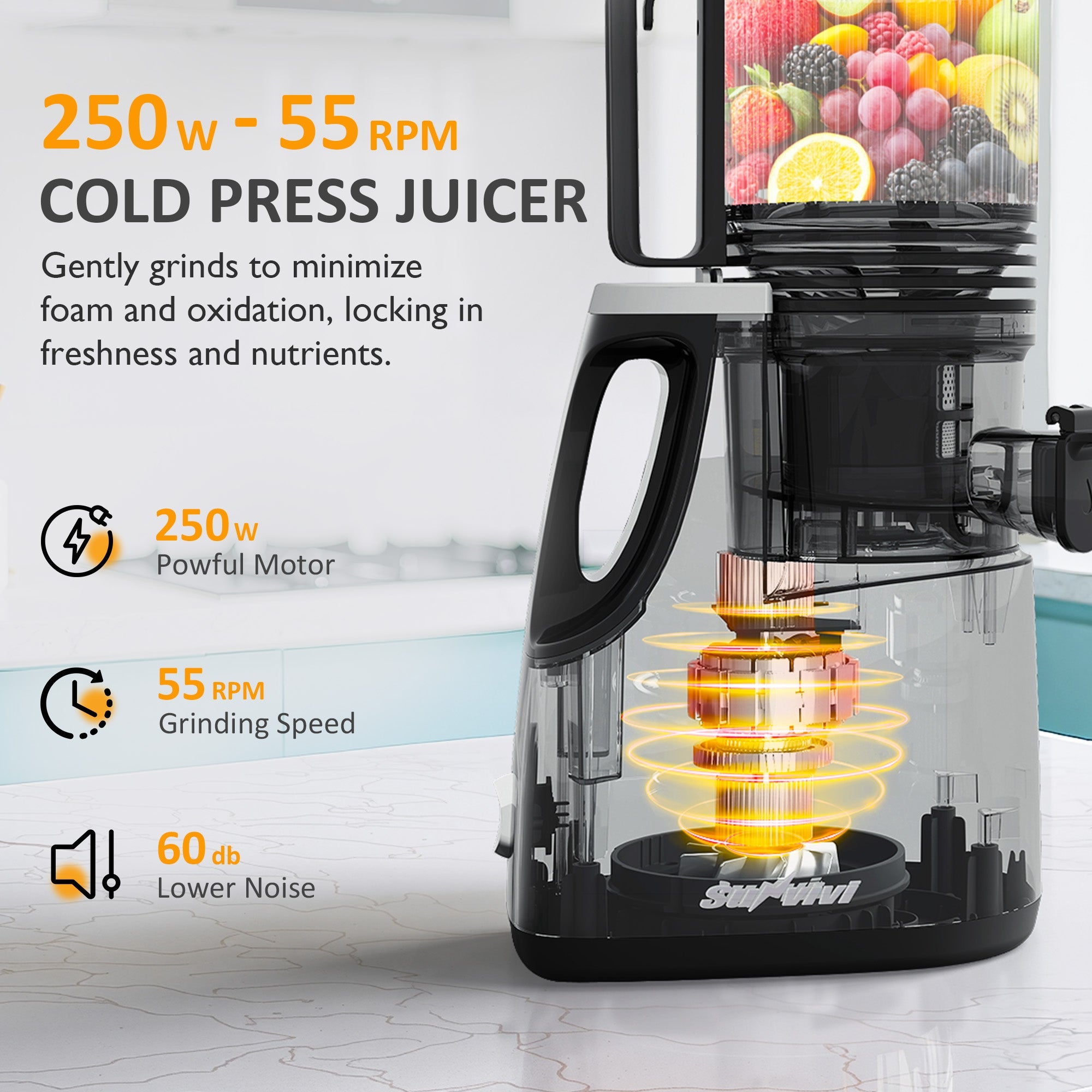 Sunvivi Cold Press Juicer with 5.9’’ Wide Feed Chute 250W Slow Juicer Machines Fit Whole Vegetables & Fruits - Single