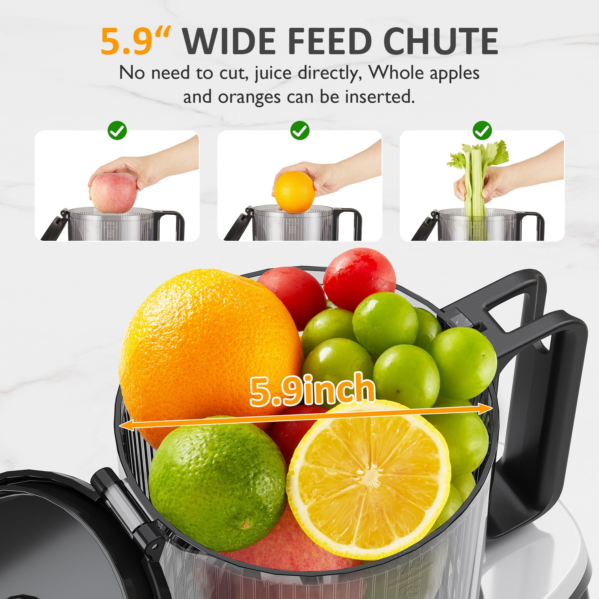 Sunvivi Cold Press Juicer with 5.9’’ Wide Feed Chute 250W Slow Juicer Machines Fit Whole Vegetables & Fruits - Single