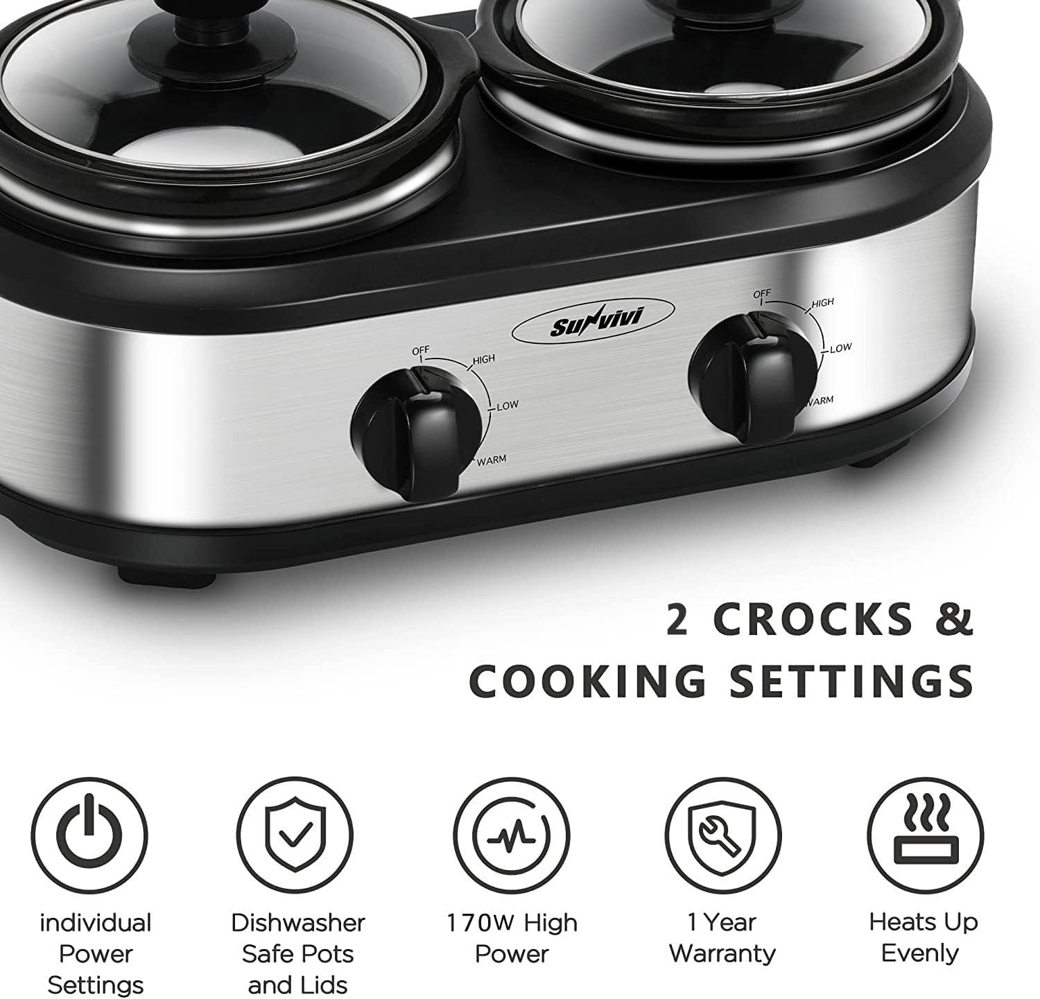 Sunvivi Dual Pot Slow Cooker 2*1.25 QT