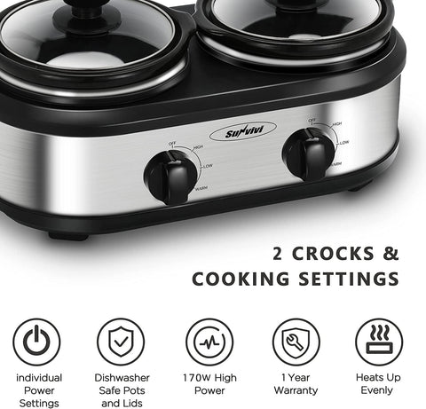 Sunvivi Dual Pot Slow Cooker 2*1.25 QT