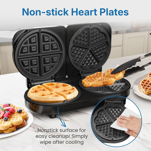 Sunvivi Dual Waffle Maker: Heart Waffle & Classic Waffle Iron with 2 Adjustable Temp Knobs