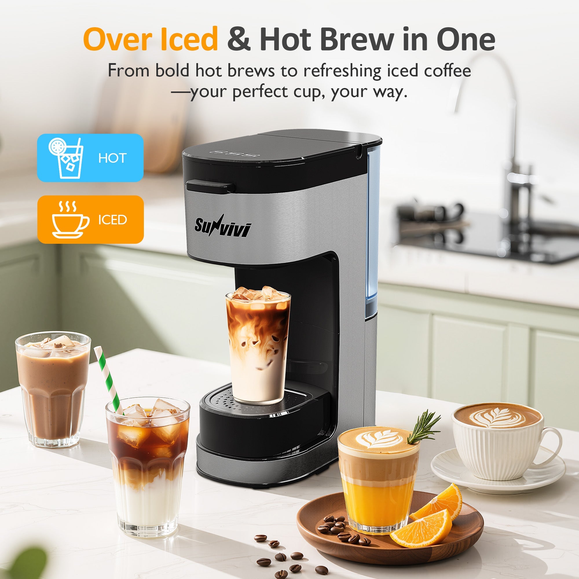 Sunvivi Iced & Hot Coffee Maker: Single Serve Coffee Maker with 3 Brewing Options for K Pod Ground Coffee & Tea