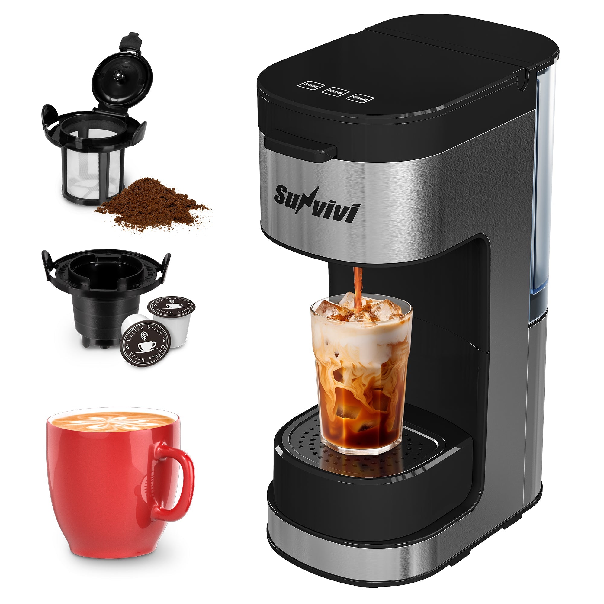 Sunvivi Iced & Hot Coffee Maker: Single Serve Coffee Maker with 3 Brewing Options for K Pod Ground Coffee & Tea