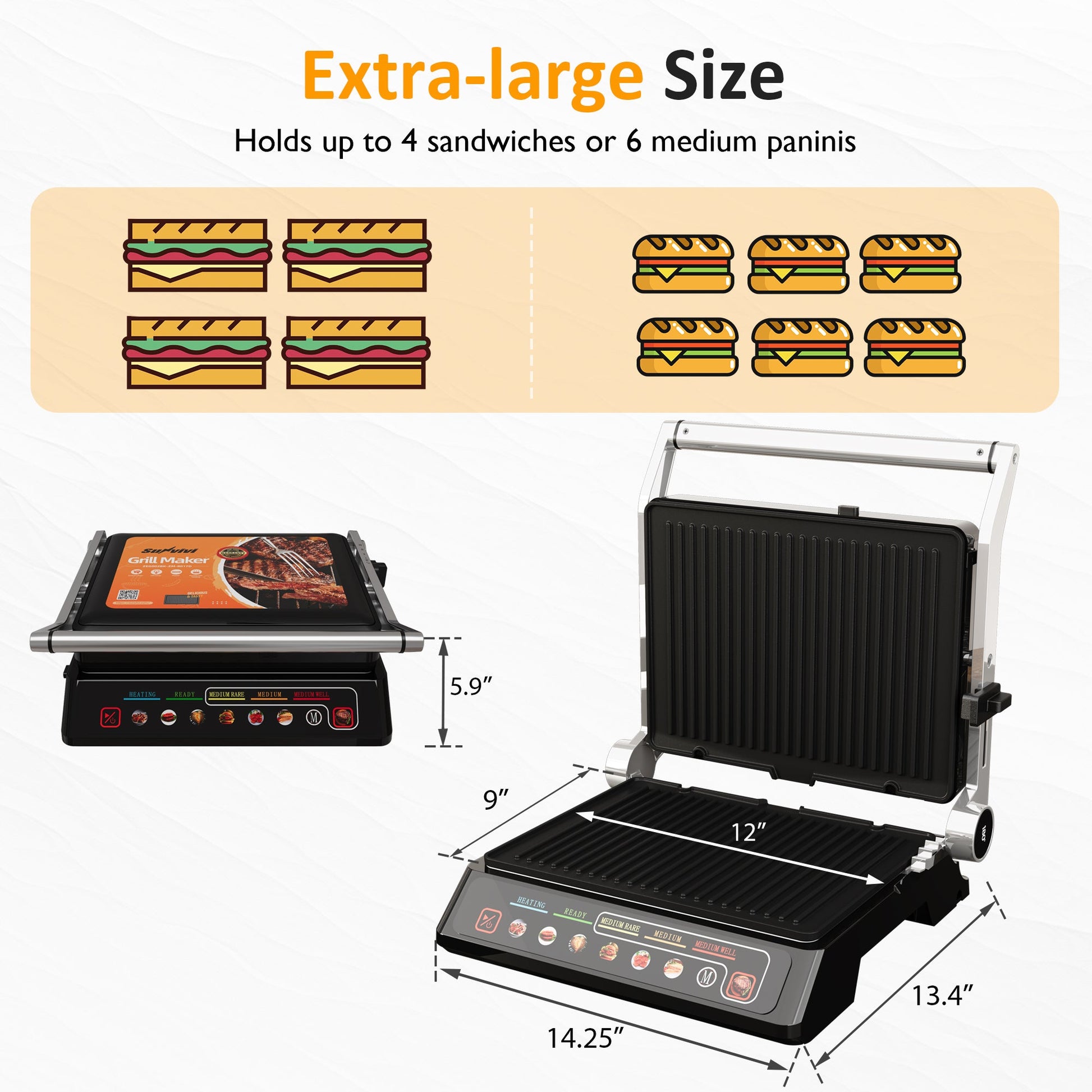 Sunvivi Indoor Grill & Griddle with Preset Menu 1600W Electric Panini Press Sandwich Maker Removable Nonstick Plates