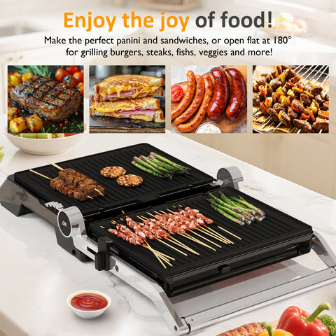 Sunvivi Indoor Grill & Griddle with Preset Menu 1600W Electric Panini Press Sandwich Maker Removable Nonstick Plates