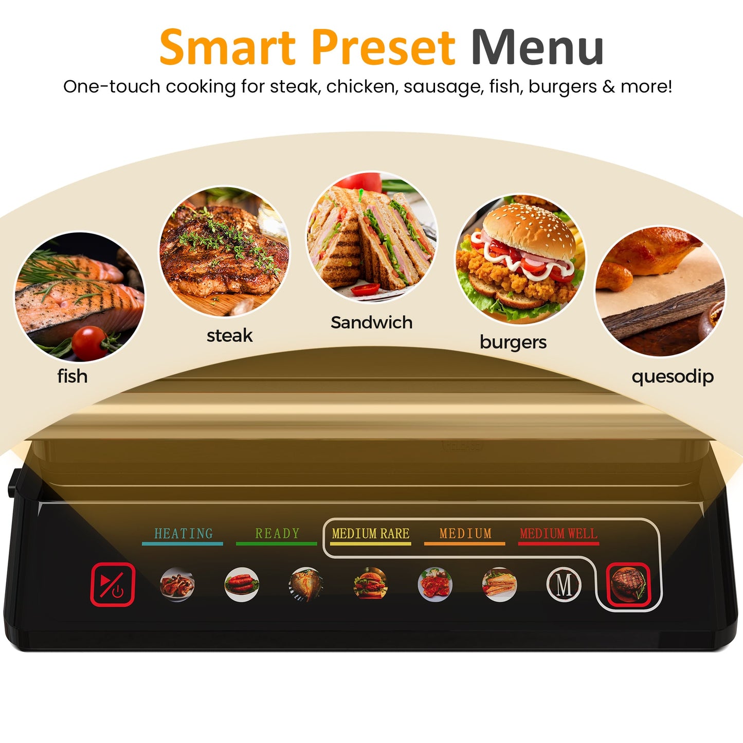 Sunvivi Indoor Grill & Griddle with Preset Menu 1600W Electric Panini Press Sandwich Maker Removable Nonstick Plates
