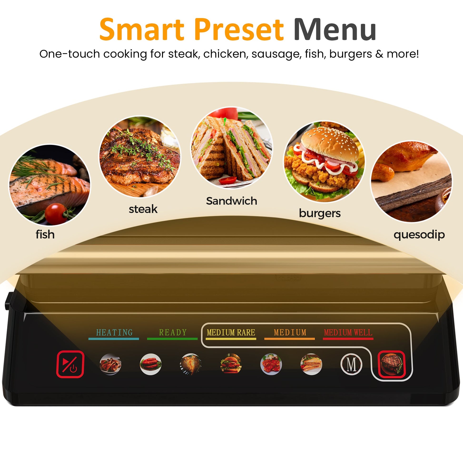 Sunvivi Indoor Grill & Griddle with Preset Menu 1600W Electric Panini Press Sandwich Maker Removable Nonstick Plates