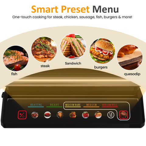 Sunvivi Indoor Grill & Griddle with Preset Menu 1600W Electric Panini Press Sandwich Maker Removable Nonstick Plates