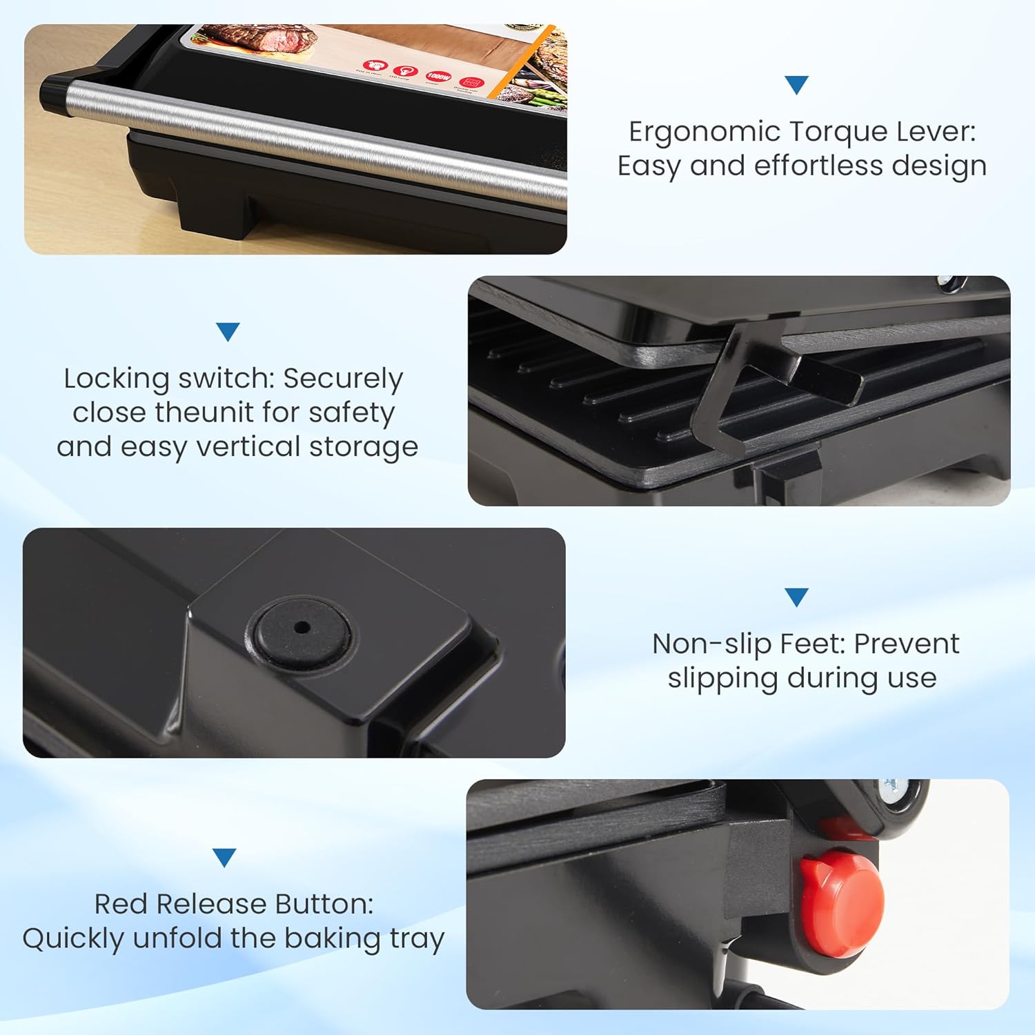 Sunvivi Panini Press Sandwich Maker: Electric Panini Press Grill with Locking Lid Portable Indoor Panini Maker