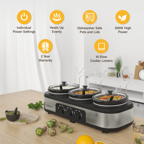 Sunvivi Slow Cooker with 10 Cooking Liners 3 Pot 1.5 Quart Oval Crock Food Warmer Buffet Server - silver