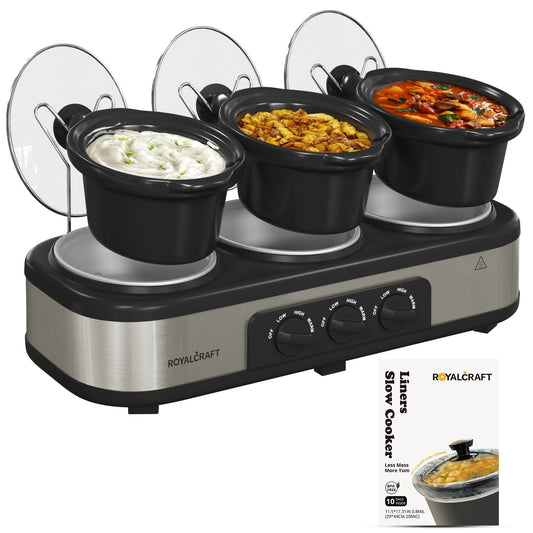 Sunvivi Slow Cooker with 10 Cooking Liners 3 Pot 1.5 Quart Oval Crock Food Warmer Buffet Server - silver