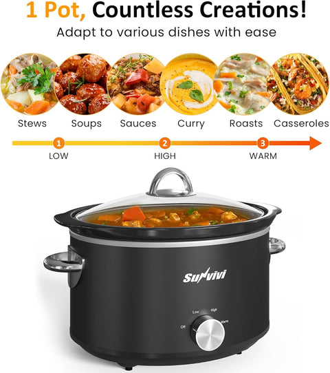 Sunvivi Small Slow Cooker 4QT Mini Food Warmer with 3 Heating Settings Removable Ceramic Pot Dishwasher Safe Glass Lid