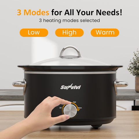 Sunvivi Small Slow Cooker 4QT Mini Food Warmer with 3 Heating Settings Removable Ceramic Pot Dishwasher Safe Glass Lid