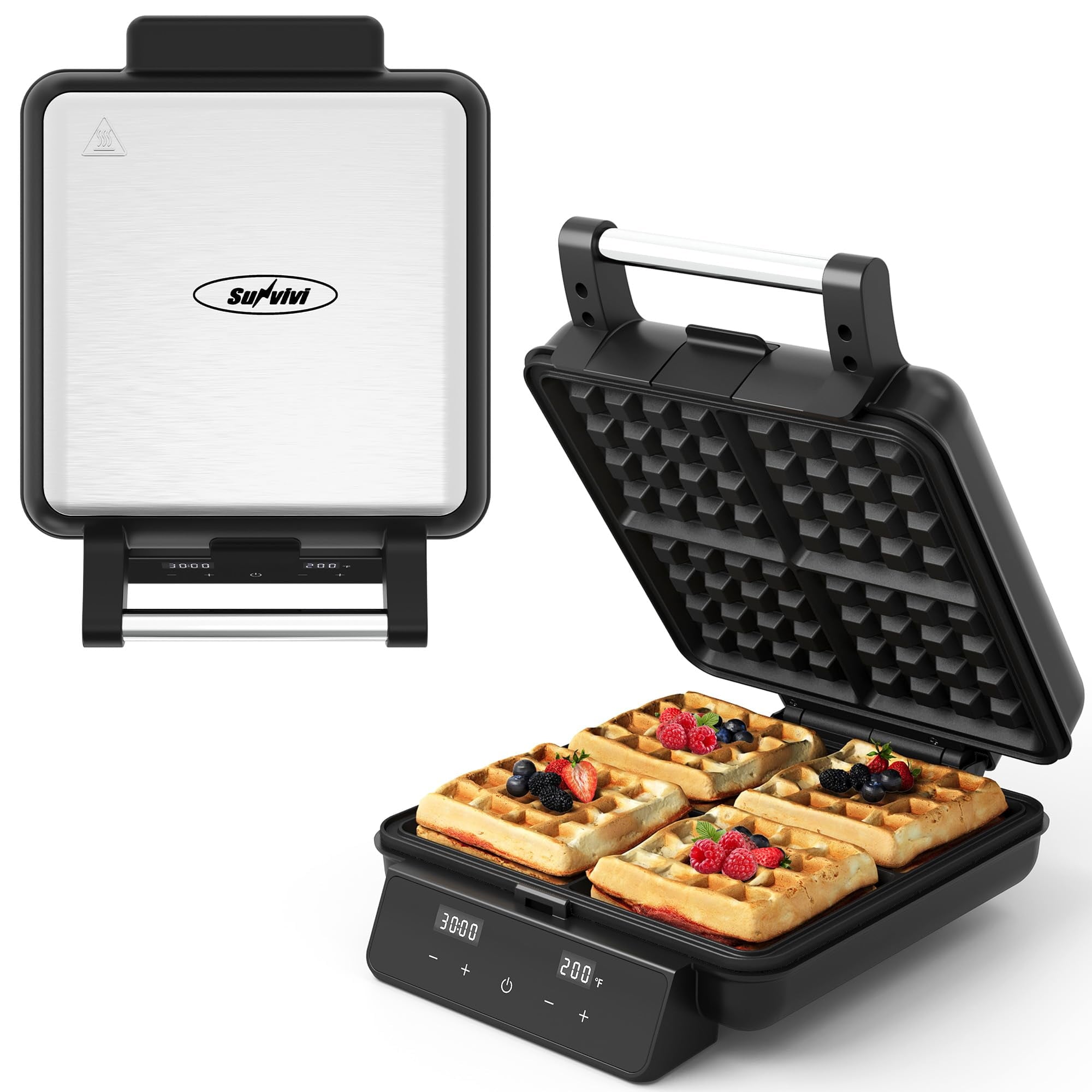 Sunvivi Stainless Steel Waffle Maker 4 Slices with Quick Heat-Up - Electric Waffle Makers