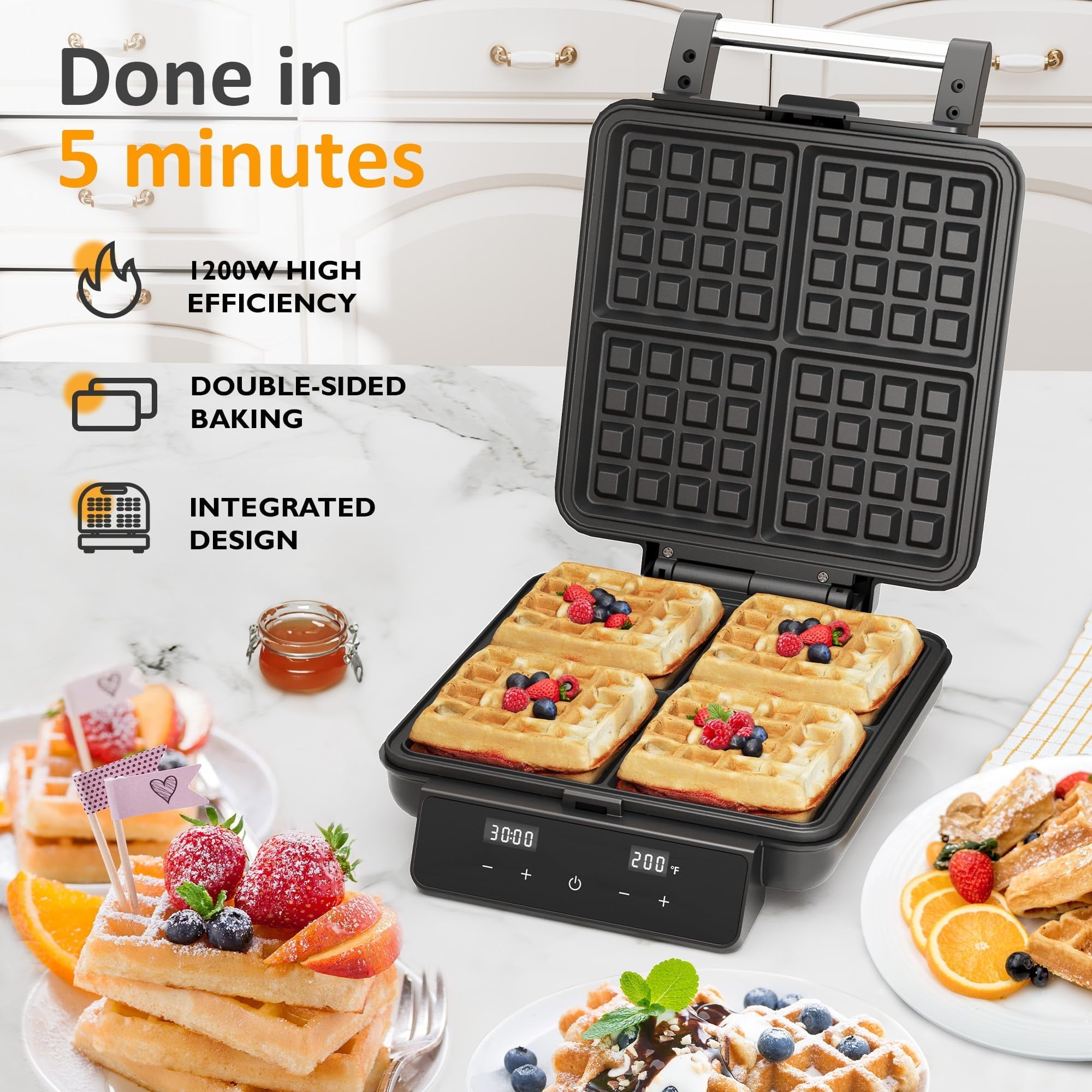 Sunvivi Stainless Steel Waffle Maker 4 Slices with Quick Heat-Up - Electric Waffle Makers